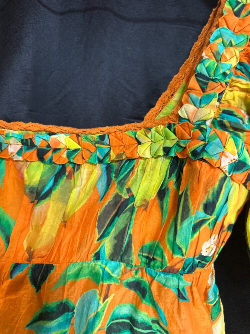 FARM Rio Orange Pear Lemon Fruit Print Smocked Off-Shoulder Puff Sleeve Blouse M - Picture 4 of 9